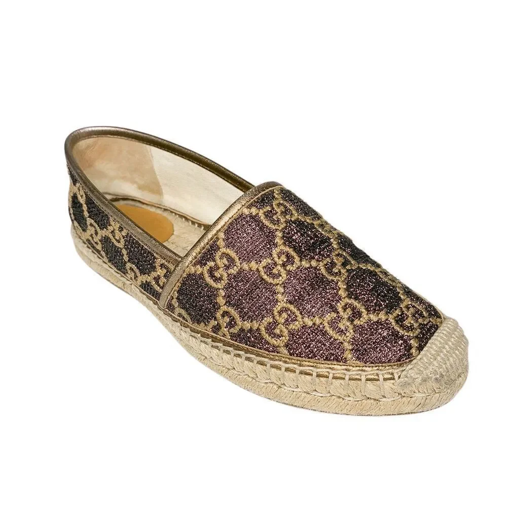 Gucci GG Logo Lamé Canvas Espadrilles Brown Bronze Metallic Logo Flats 37.5